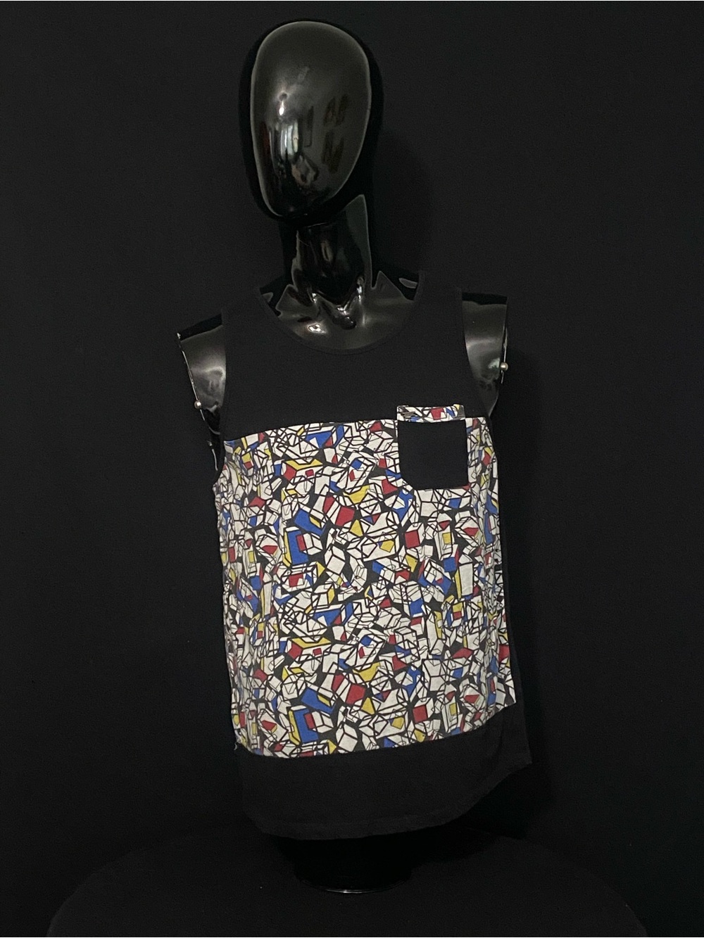 split Black Tank with Blue, Red & Yellow Mosaic Accent